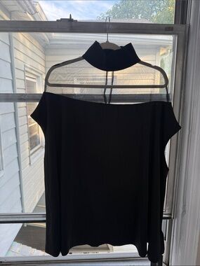 Black High-Neck Sheer-Yoke Sleeveless Blouse
